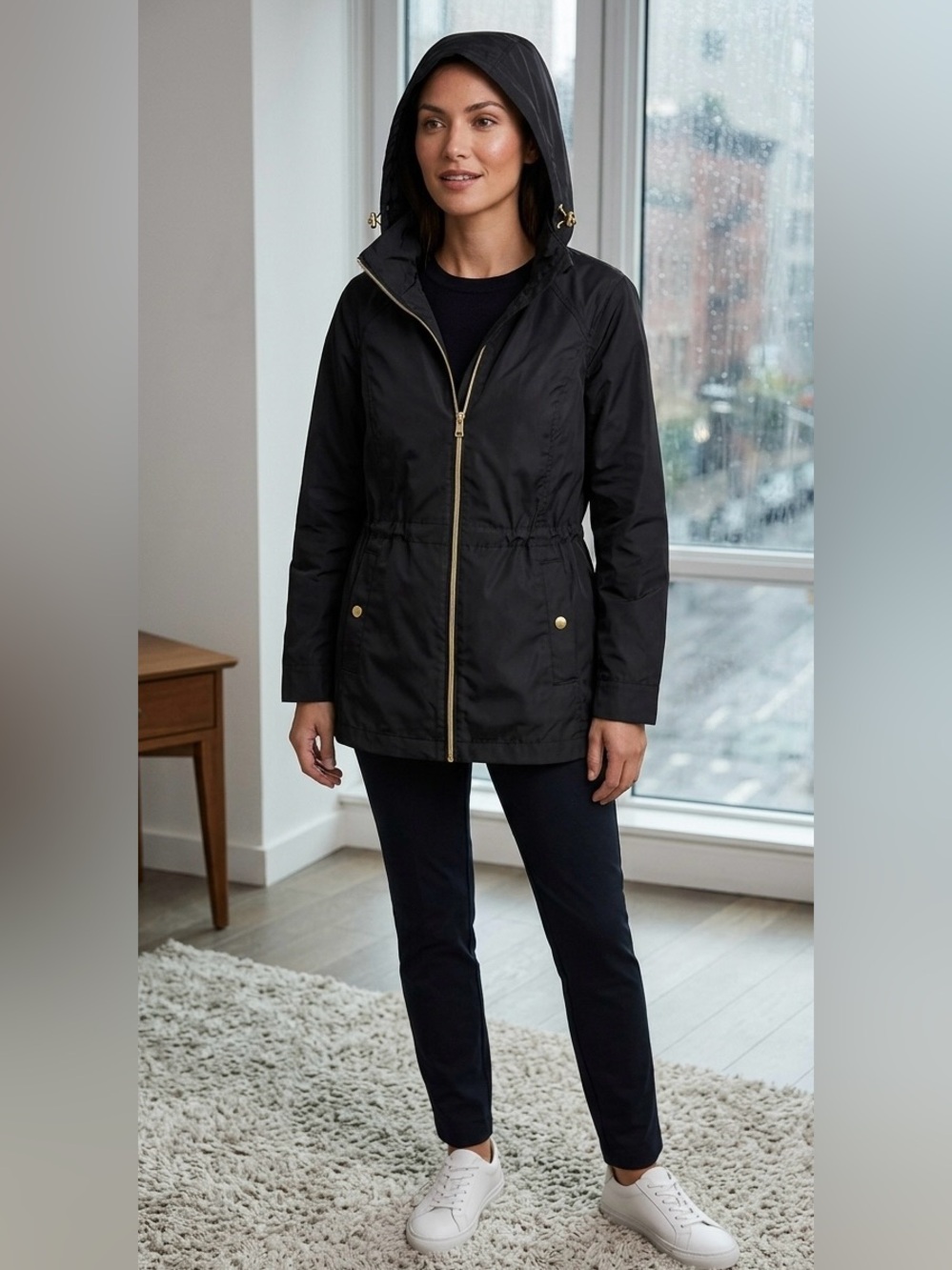 Cole Haan Women's Signature Hooded Rain Jacket Black Gold Hardware Size XS